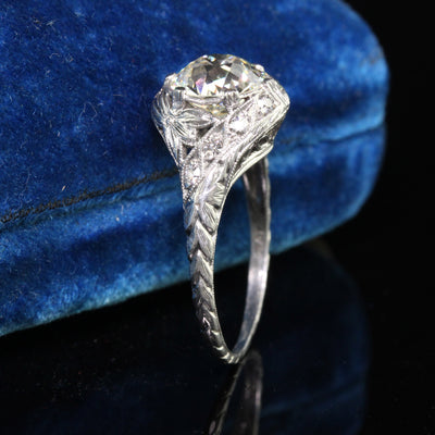 Antique Edwardian Platinum Old European Diamond Floral Engagement Ring - GIA