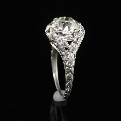 Antique Edwardian Platinum Old European Diamond Floral Engagement Ring - GIA