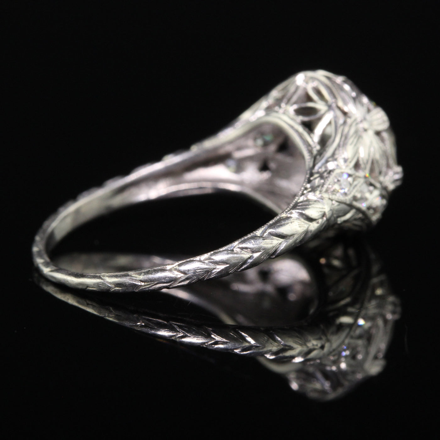 Antique Edwardian Platinum Old European Diamond Floral Engagement Ring - GIA