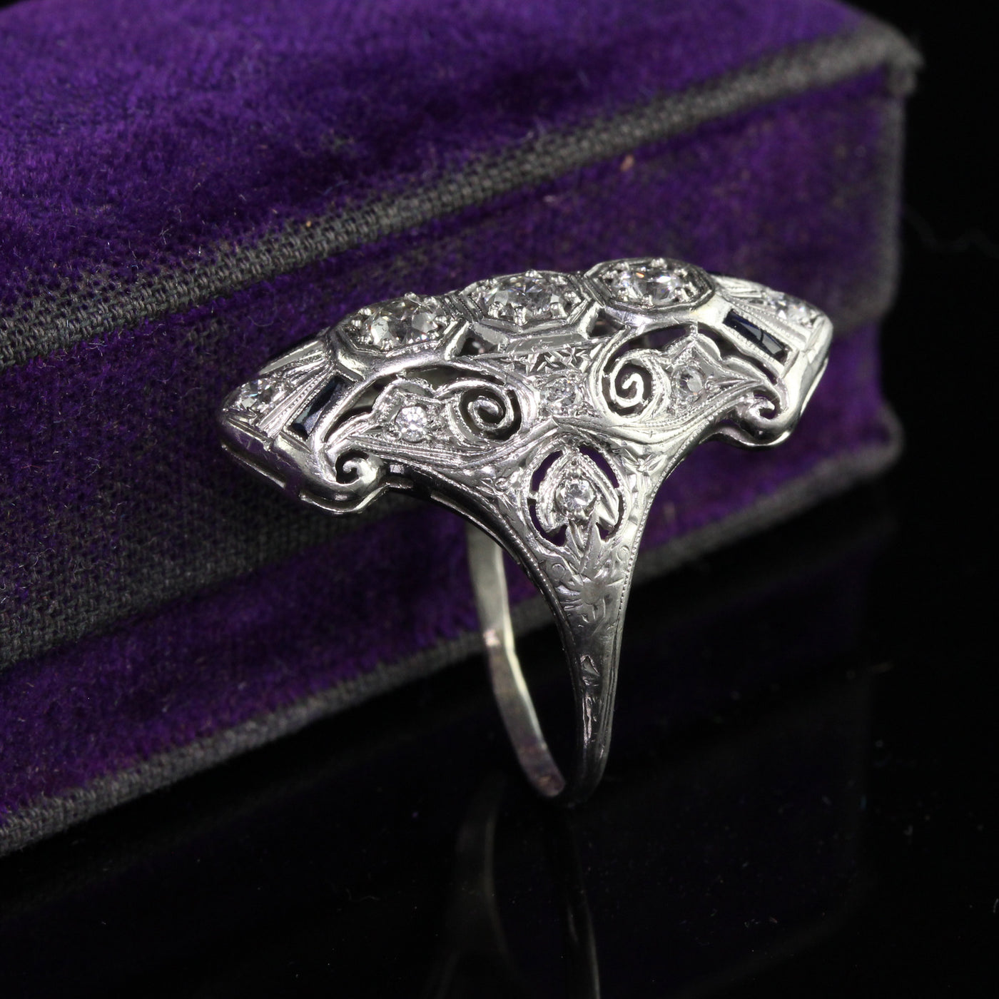Antique Art Deco Platinum Old Euro Diamond and Sapphire Shield Ring