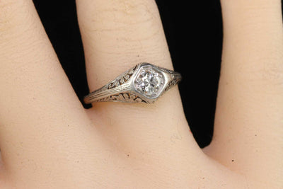 Antique Edwardian Platinum Old European Diamond Filigree Engagement Ring