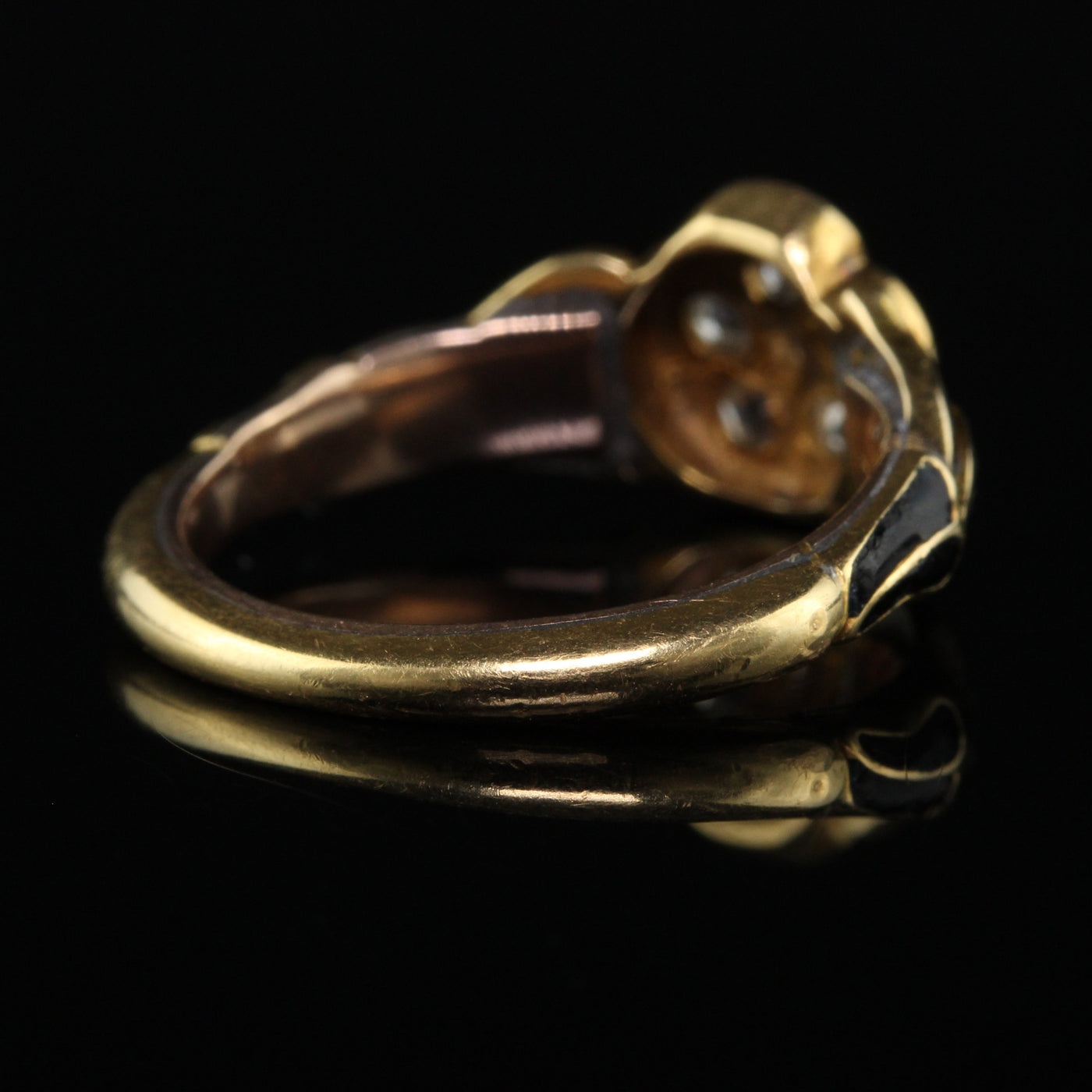 Antique Victorian 18K Yellow Gold Old Mine Cut Diamond Black Enamel Flower Ring