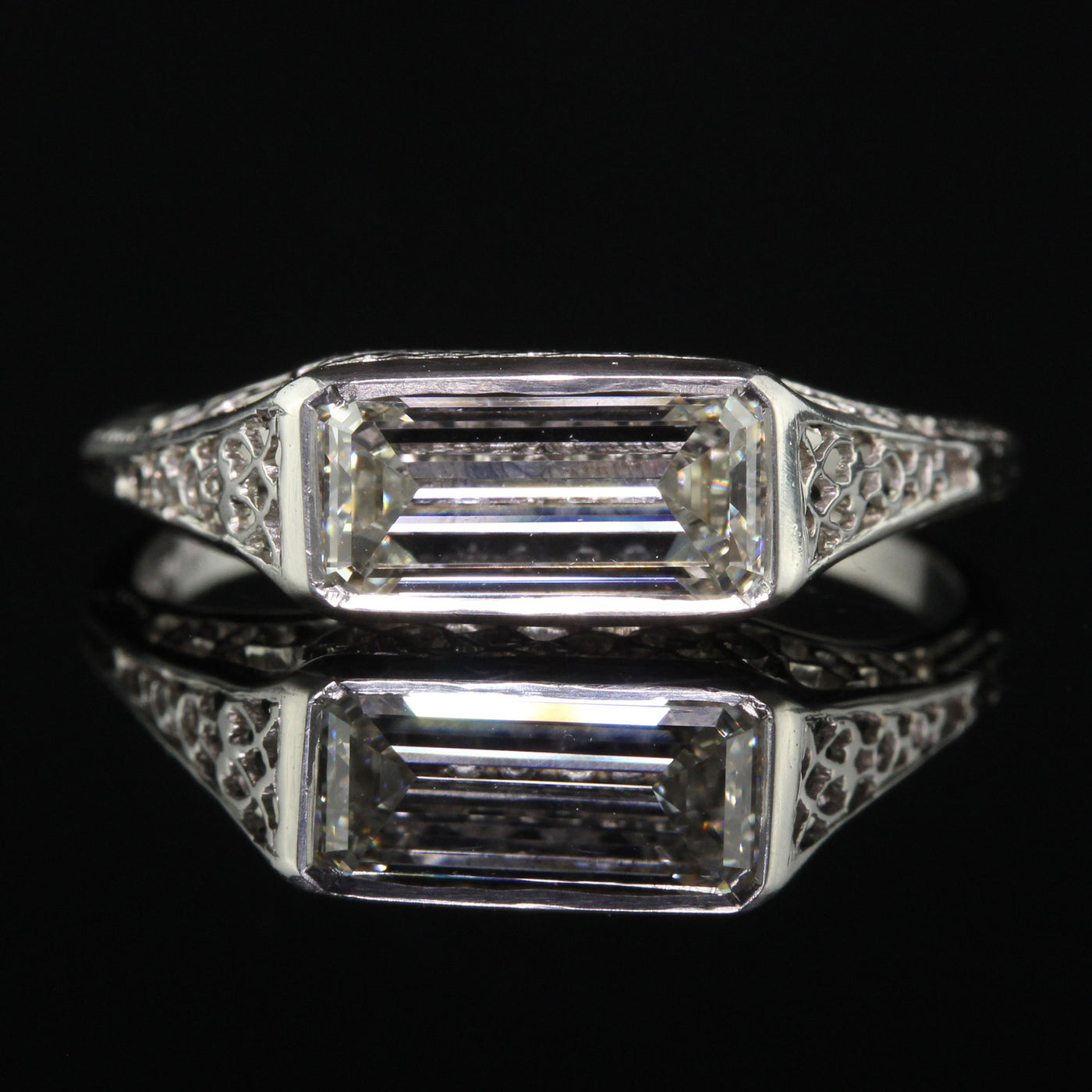 Antique Art Deco Platinum Emerald Cut Diamond Filigree Engagement Ring - GIA