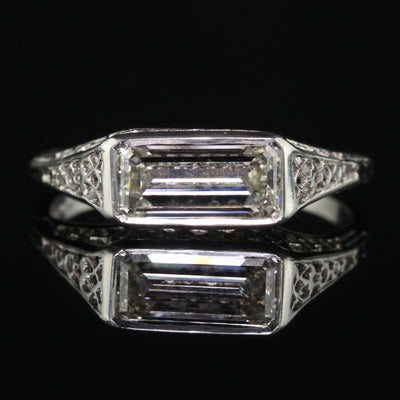 Antique Art Deco Platinum Emerald Cut Diamond Filigree Engagement Ring - GIA