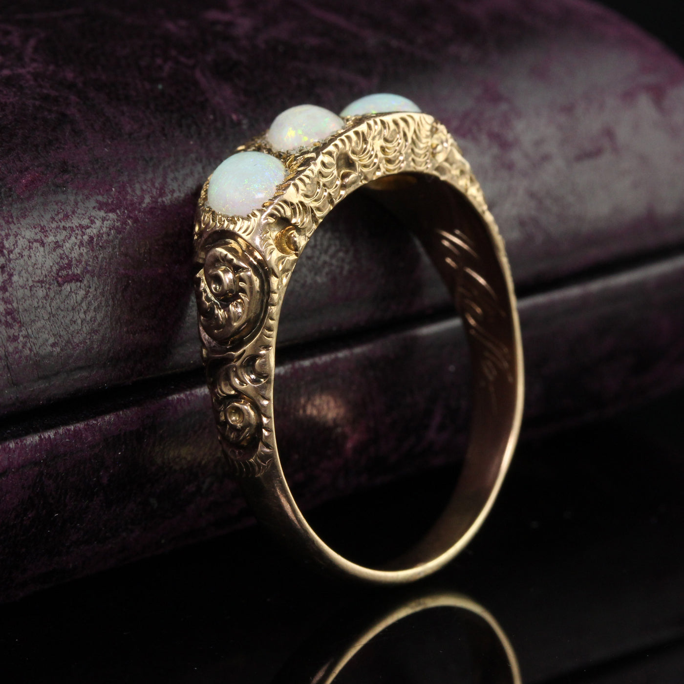 Antique Victorian 12K Yellow Gold Three Stone Opal Engraved Cocktail Ring