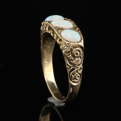 Antique Victorian 12K Yellow Gold Three Stone Opal Engraved Cocktail Ring