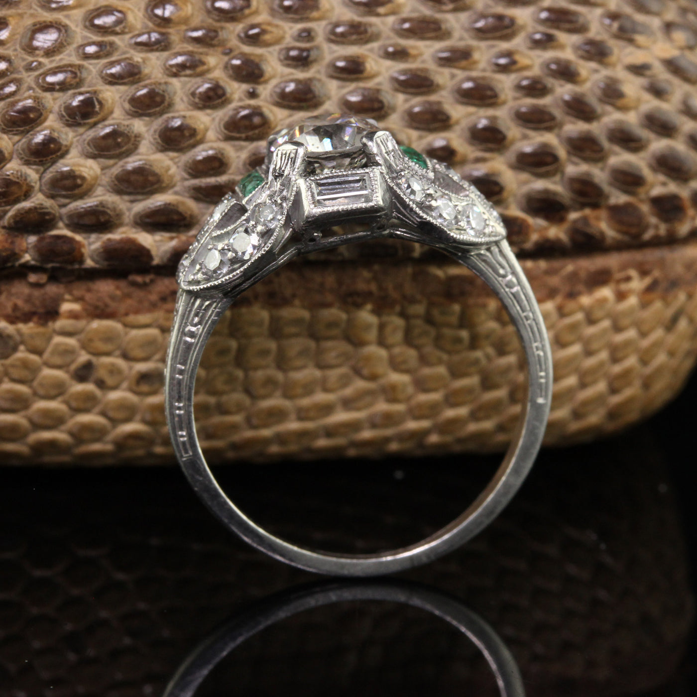 Antique Art Deco Platinum Old Euro Diamond and Emerald Engagement Ring