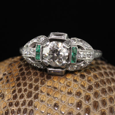 Antique Art Deco Platinum Old Euro Diamond and Emerald Engagement Ring