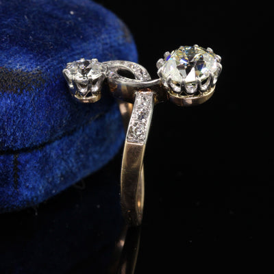 Antique Edwardian French 18K Yellow Gold Platinum Old Euro Diamond Toi Et Moi Engagement Ring - GIA