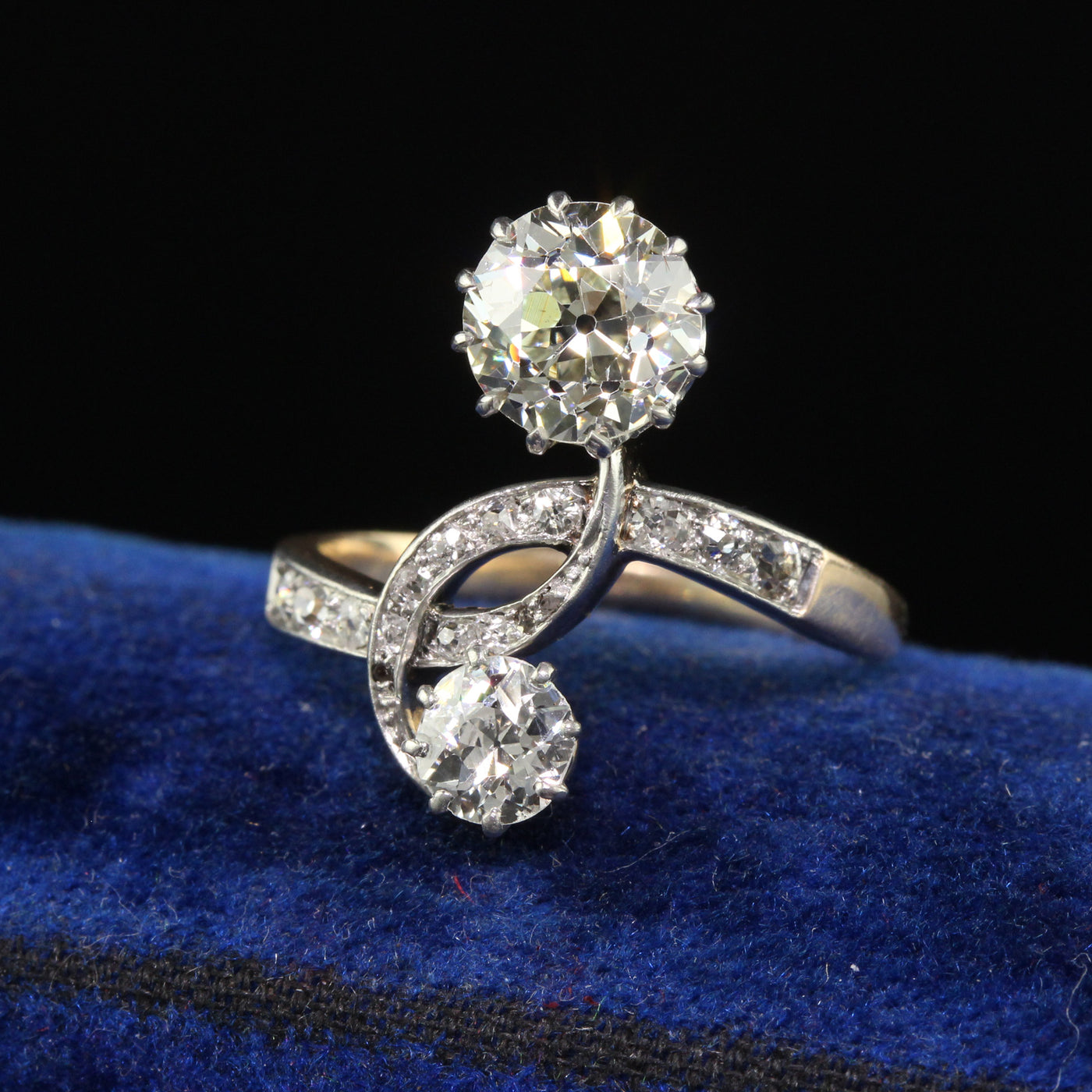 Antique Edwardian French 18K Yellow Gold Platinum Old Euro Diamond Toi Et Moi Engagement Ring - GIA