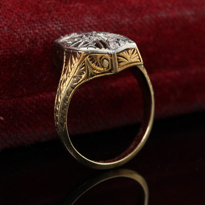 Antique Art Deco 14K Yellow Gold Platinum Top Old Mine Diamond Filigree Ring