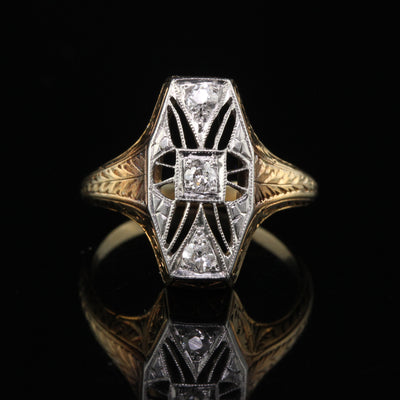 Antique Art Deco 14K Yellow Gold Platinum Top Old Mine Diamond Filigree Ring
