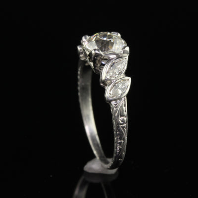 Antique Art Deco Platinum Old European Cut Diamond and Marquise Engagement Ring - GIA