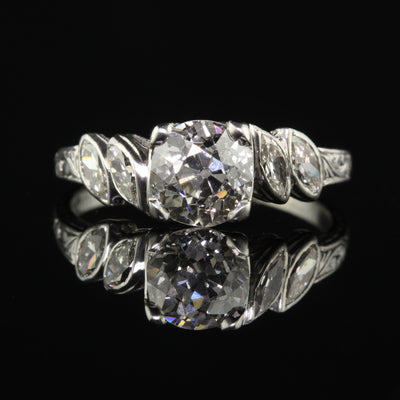 Antique Art Deco Platinum Old European Cut Diamond and Marquise Engagement Ring - GIA