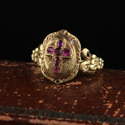 Antique Victorian 18K Yellow Gold Burmese Ruby Cross Ring - Size 4 3/4