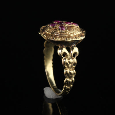 Antique Victorian 18K Yellow Gold Burmese Ruby Cross Ring - Size 4 3/4