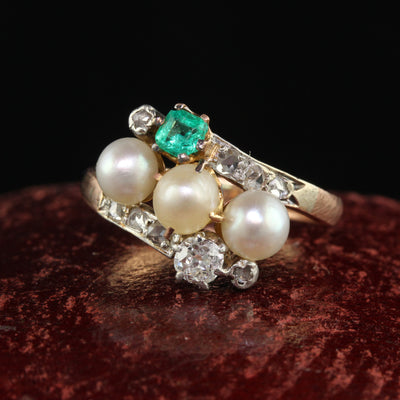 Antique Victorian 14K Rose Gold Silver Old Mine Pearl Emerald Cocktail Ring