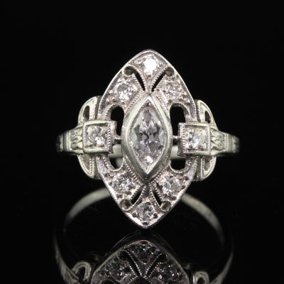 Antique Art Deco Platinum Old Marquise Diamond Filigree Shield Ring