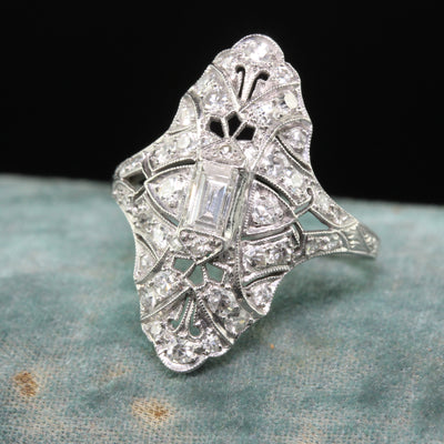 Antique Art Deco Platinum Old Euro Diamond Baguette Shield Ring