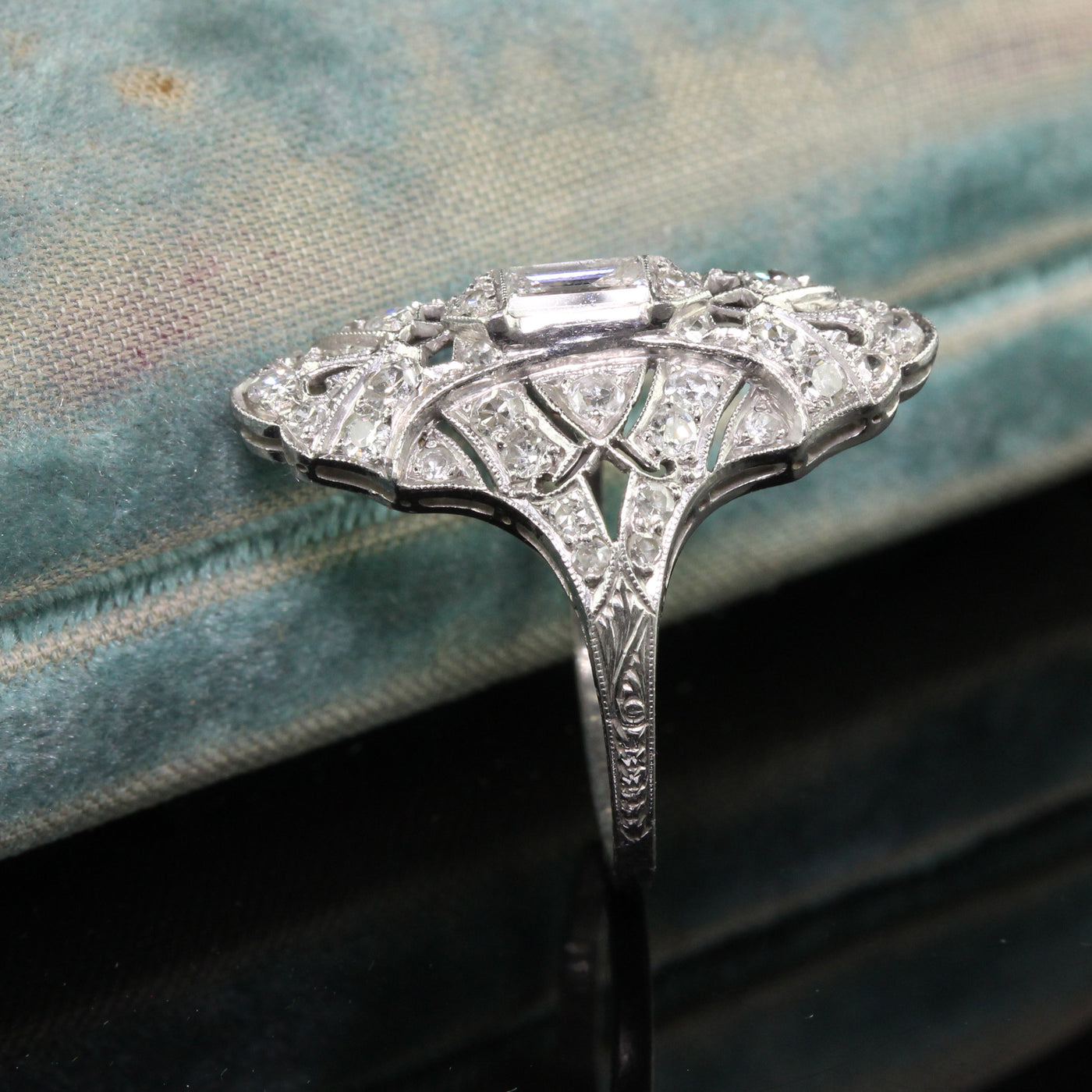 Antique Art Deco Platinum Old Euro Diamond Baguette Shield Ring