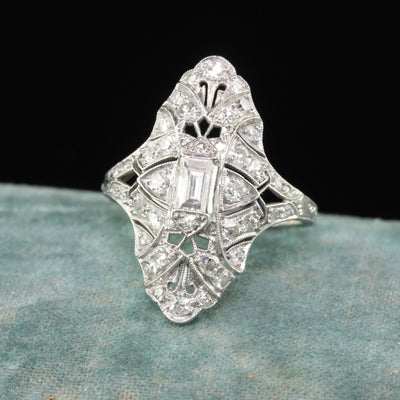 Antique Art Deco Platinum Old Euro Diamond Baguette Shield Ring