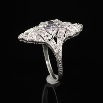 Antique Art Deco Platinum Old Euro Diamond Baguette Shield Ring