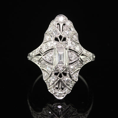 Antique Art Deco Platinum Old Euro Diamond Baguette Shield Ring