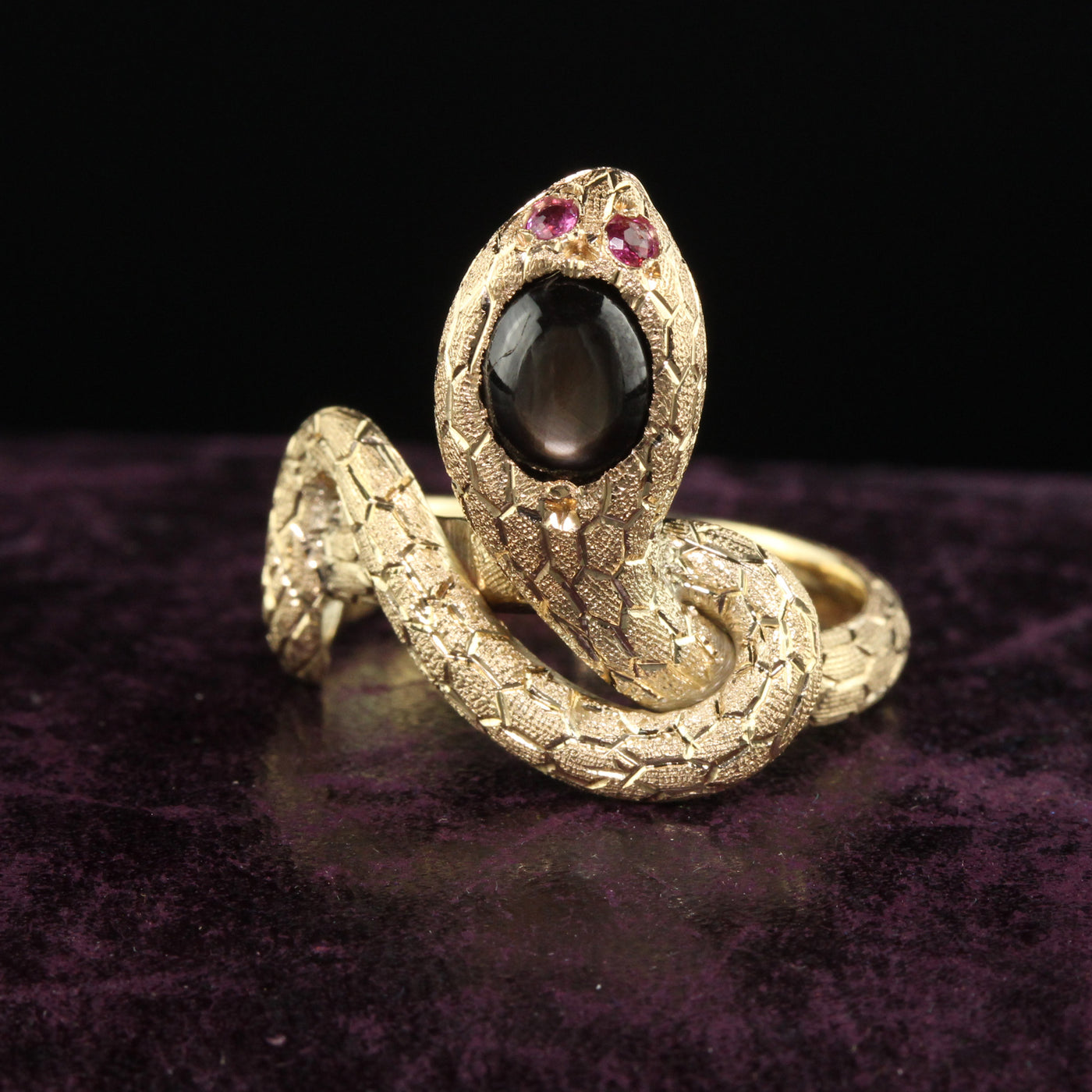 Vintage Estate 18K Yellow Gold Black Star Sapphire and Ruby Snake Ring