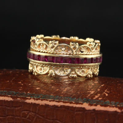 Vintage Estate 14K Yellow Gold Square Cut Ruby Wide Eternity Band - Size 6 1/4