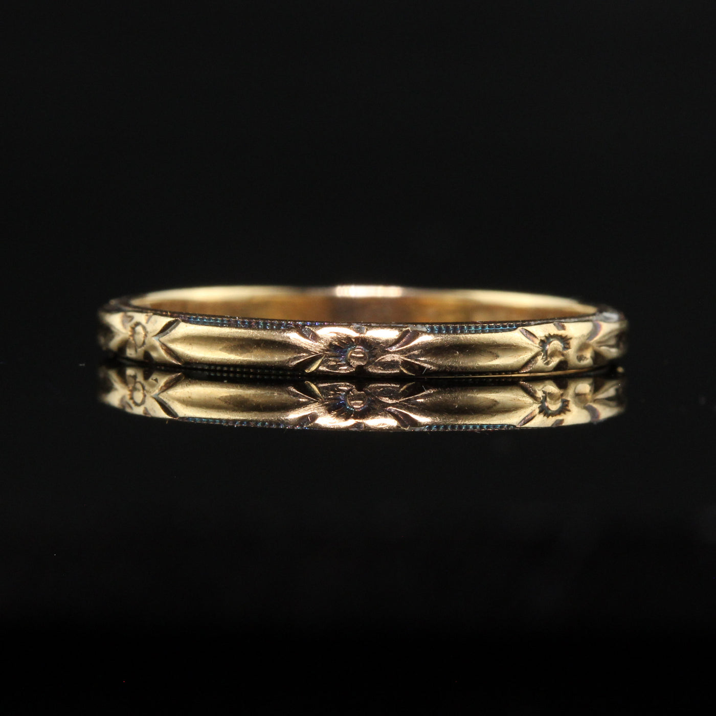 Antique Art Deco 14K Yellow Gold Engraved Blossom Wedding Band - Size 6