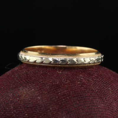 Antique Art Deco 14K Yellow Gold Two Tone Heart Engraved Heart Wedding Band - Size 7 1/4