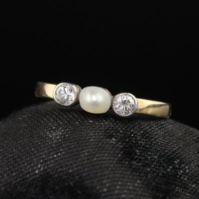 Antique Art Deco 14K Yellow Gold Old Euro Diamond and Pearl Three Stone Ring