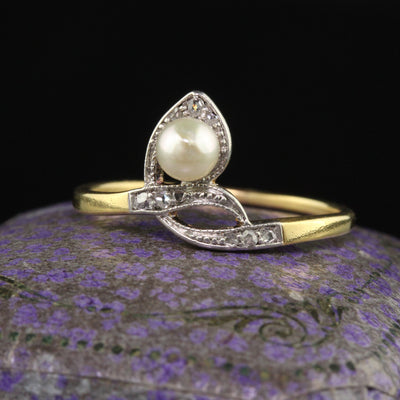 Antique Art Deco 18K Yellow Gold Rose Cut Diamond and Pearl Ring