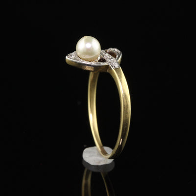 Antique Art Deco 18K Yellow Gold Rose Cut Diamond and Pearl Ring