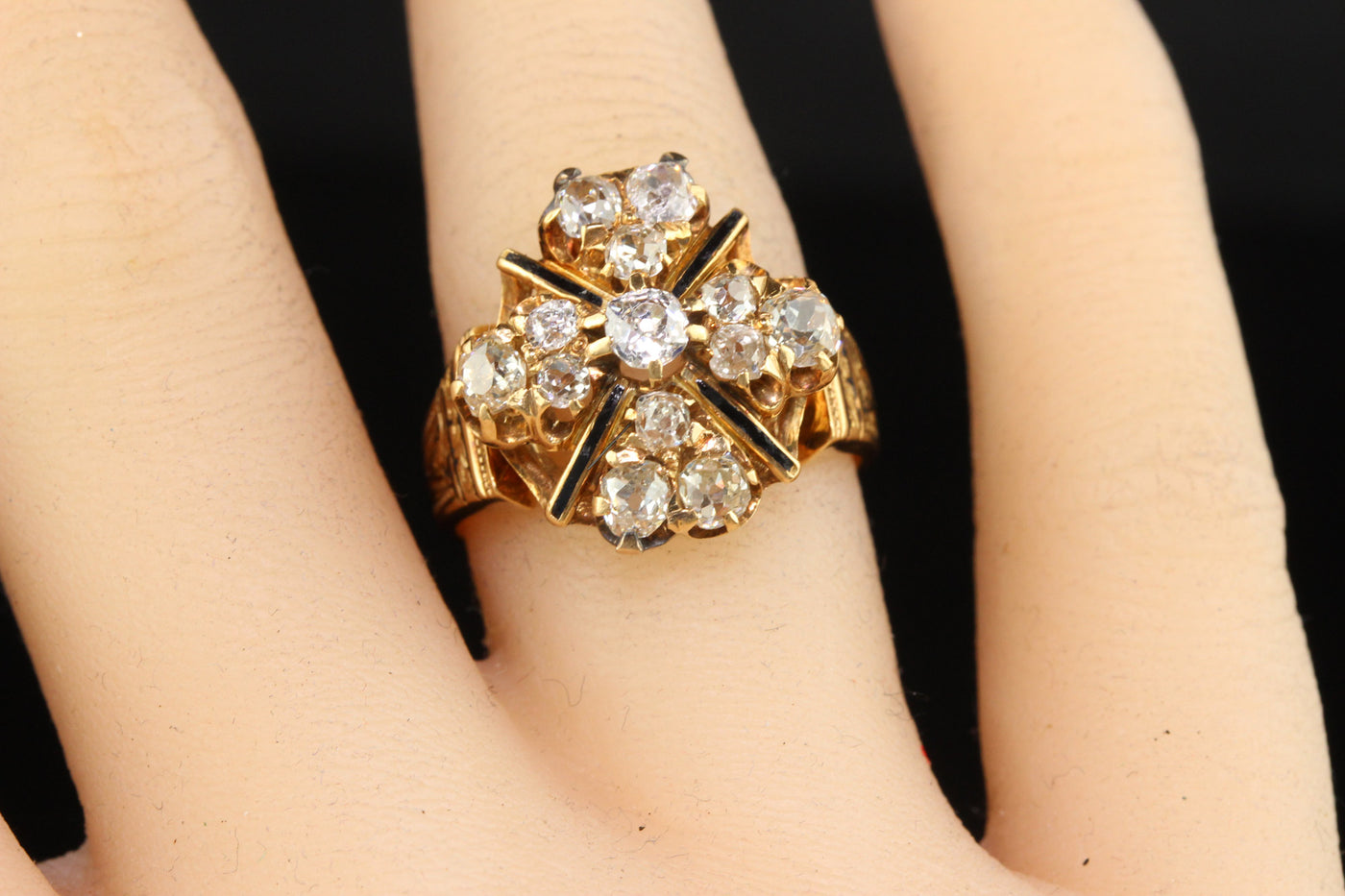Antique Victorian 18K Yellow Gold Old Mine Cut Diamond and Enamel Cocktail Ring