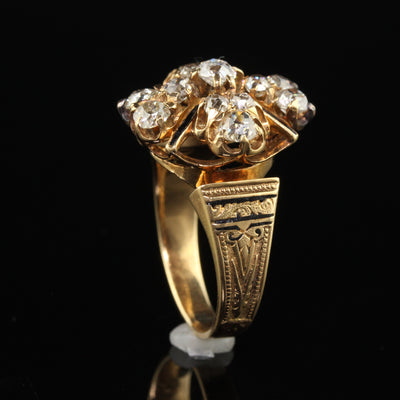 Antique Victorian 18K Yellow Gold Old Mine Cut Diamond and Enamel Cocktail Ring