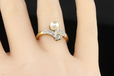 Antique Edwardian 18K Yellow Gold Old Mine Cut Diamond and Pearl Toi et Moi Engagement Ring