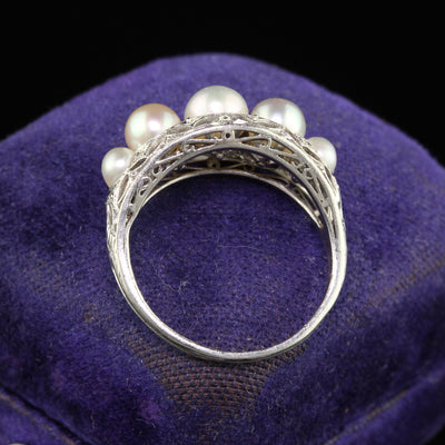 Antique Art Deco Platinum Natural Pearl Five Stone Filigree Ring