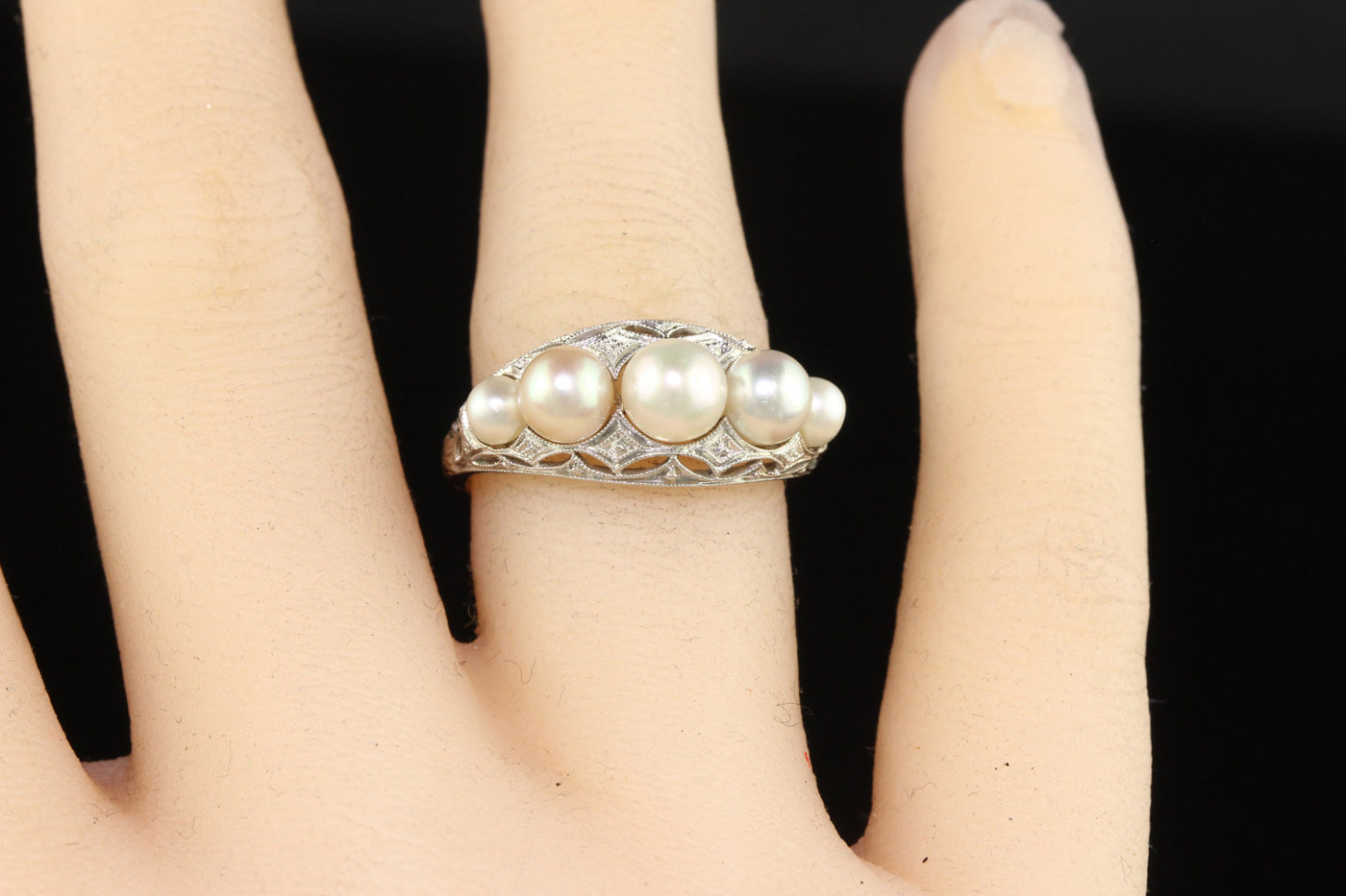 Antique Art Deco Platinum Natural Pearl Five Stone Filigree Ring
