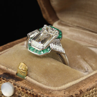 Antique Art Deco Platinum Emerald Cut Diamond Emerald Halo Engagement Ring - GIA
