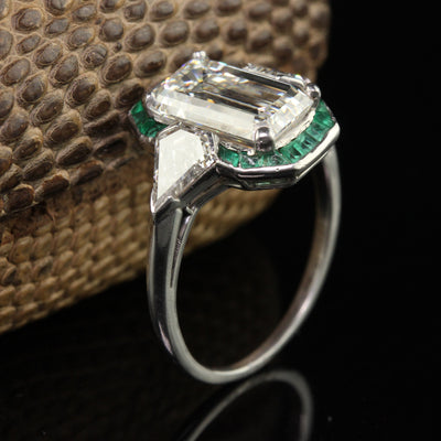 Antique Art Deco Platinum Emerald Cut Diamond Emerald Halo Engagement Ring - GIA