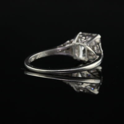 Antique Art Deco Platinum Old Emerald Cut Diamond Baguette Engagement Ring - GIA