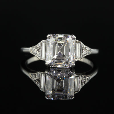 Antique Art Deco Platinum Old Emerald Cut Diamond Baguette Engagement Ring - GIA
