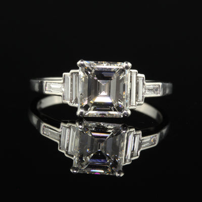 Balance - Antique Art Deco Platinum Old Emerald Cut Diamond Engagement Ring - GIA