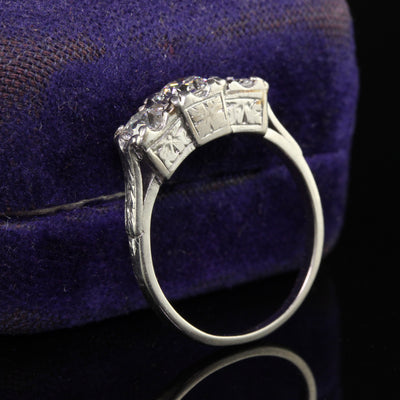 Antique Art Deco Platinum Three Stone Old European Diamond Engraved Ring