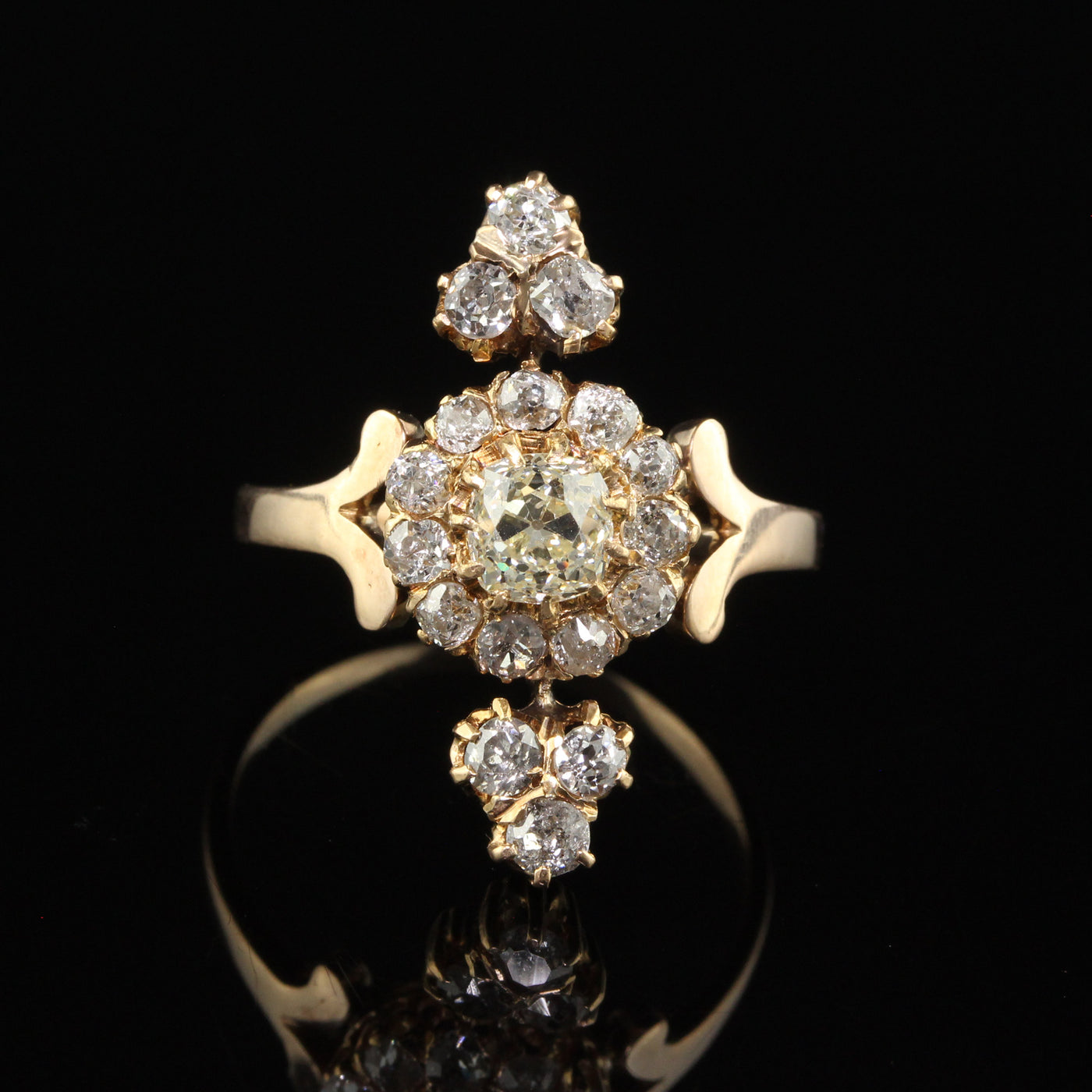 Antique Victorian 18K Yellow Gold Old Mine Cut Diamond Cluster Cocktail Ring