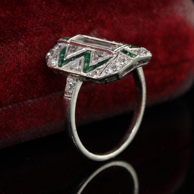 Antique Art Deco Cartier Old Baguette Diamond and Emerald Cocktail Ring