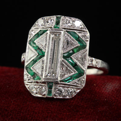 Antique Art Deco Cartier Old Baguette Diamond and Emerald Cocktail Ring