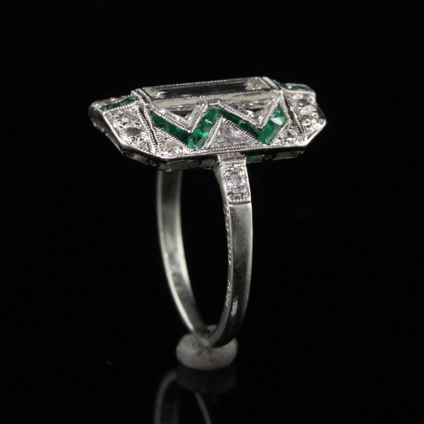 Antique Art Deco Cartier Old Baguette Diamond and Emerald Cocktail Ring