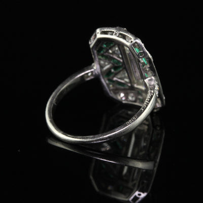 Antique Art Deco Cartier Old Baguette Diamond and Emerald Cocktail Ring